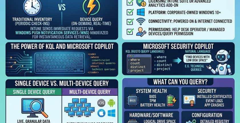 Microsoft Intune Device Query, Intune real-time querying, Endpoint management, Device health monitoring, Kusto Query Language (KQL), Windows Push Notification Services (WNS), Single Device Query, Multi-Device Query, Intune Data Platform Schema, Intune Suite licensing, Intune Advanced Analytics, Microsoft Entra joined devices, Hybrid joined devices, Endpoint Analytics enrollment, RBAC permissions, Help Desk Operator role, Real-time process monitoring, Security auditing, System health checks, Registry key inspection, Event log analysis, Compliance verification, Microsoft Security Copilot, AI-powered KQL generation, Query throttling limits, WNS connectivity requirements
